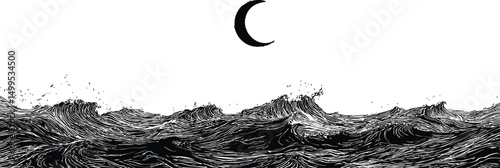 Black and white waves under a crescent moon, abstract night sea illustration. Vector illustration