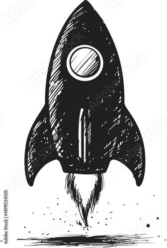 Black and white sketch of rocket launching with doodle style detail. Vector illustration