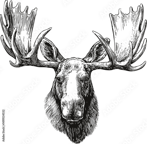 Detailed black and white illustration of a moose head with large antlers. Vector illustration