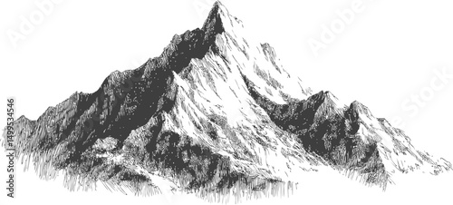 Mountain sketch with detailed shading and fine lines, artistic pen illustration. Vector illustration