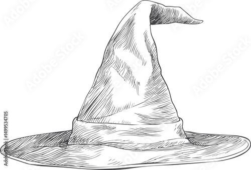 Black and white sketch of a classic pointed witch hat with folds. Vector illustration