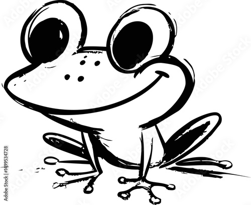 Smiling cartoon frog sketched in black and white. Vector illustration