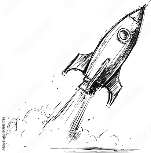 Rocket launching with smoke in black and white sketch illustration. Vector illustration
