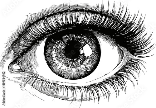 Detailed black and white sketch of a human eye with intricate eyelashes. Vector illustration
