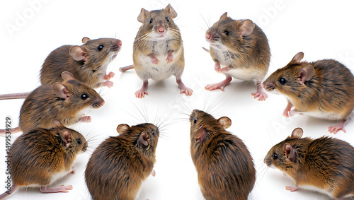 Group of brown mice gathered together on white background, some standing and looking at each other isolated on white background