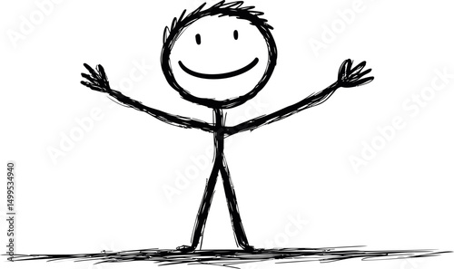 Simple stick figure drawing with a happy expression and open arms. Vector illustration