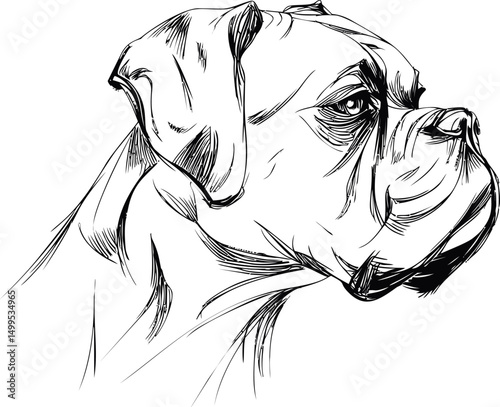 Line art of a serious boxer dog portrait in black and white sketch style. Vector illustration