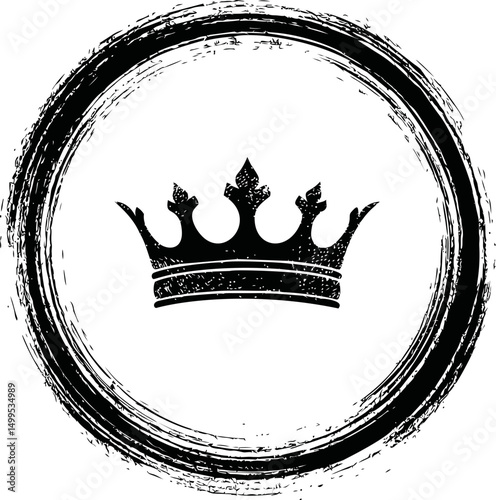 Black crown inside a grunge brush circle, royalty concept. Vector illustration