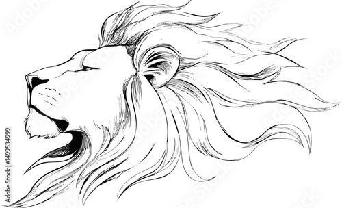 Elegant line art of a lion with a flowing mane side profile. Vector illustration