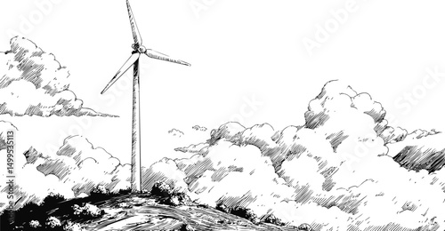 Wind turbine on a hill under a sky filled with fluffy clouds, ink sketch style. Vector illustration
