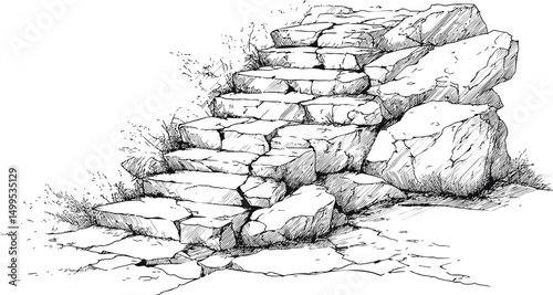 Ancient stone staircase with grass in a detailed sketch drawing. Vector illustration