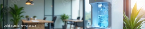 A modern office water cooler dispenser with a fresh, full water bottle Clean, sleek design perfect for a healthy workplace Provides cool, refreshing hydration , drinking water, workplace, equipment