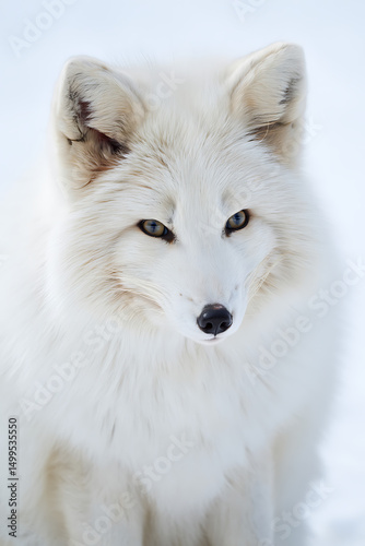 Captivating portrait of a white arctic fox with striking eyes isolated on white background, showcasing its beautiful fur and wild nature photo