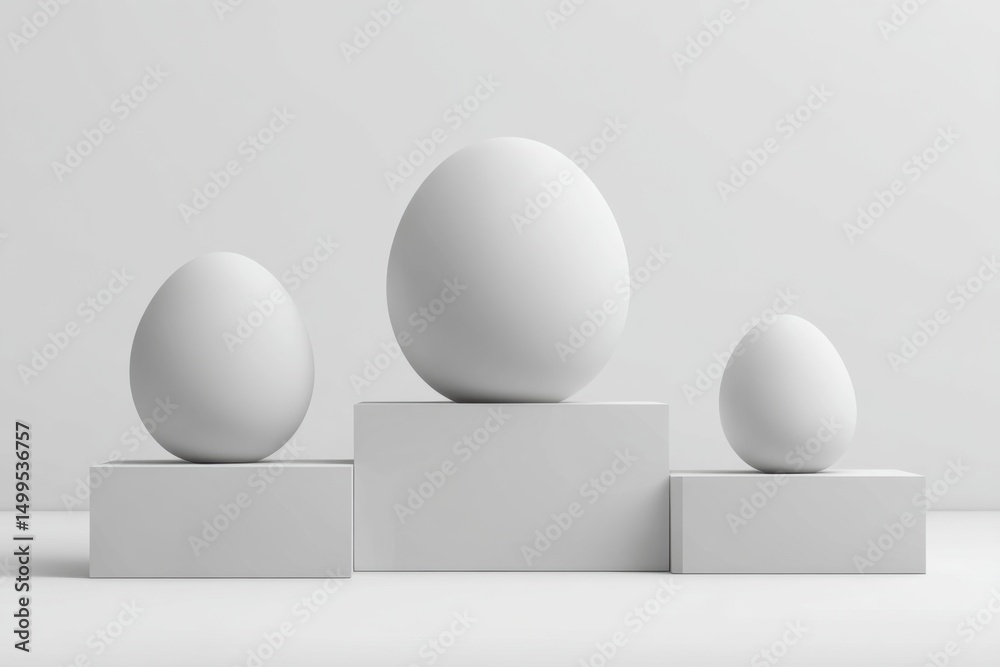 Minimalist Still Life of White Eggs and Sphere on White Cubes Studio Shot Clean Aesthetic Neutral Background Conceptual Art Minimalist Still Life of White Eggs and Sphere on White Cubes Studio Shot Clean Aesthetic Neutral Background Conceptual Art