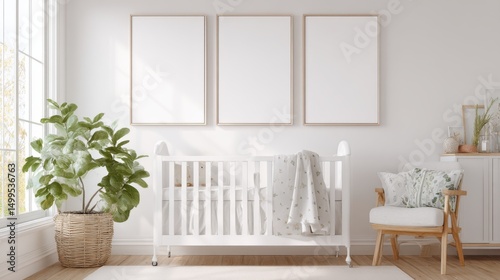 Nursery interior mockup with three frames above crib in bright room with plant and chair