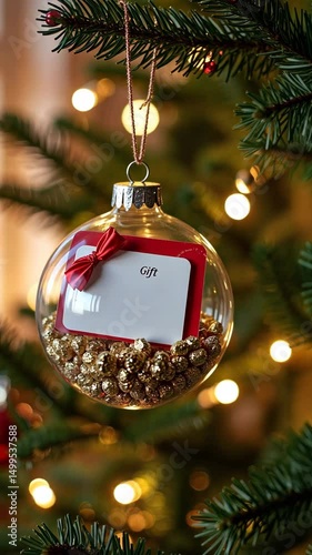 A festive scene of a gift card placed inside a transparent ornament hanging from a Christmas tree. The tree is decorated garland and glass balls. Merry Christmas and happy new year festive vibes.