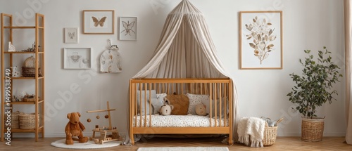 Interior of a stylish nursery with a wooden crib and canopy in neutral tones with artwork and shelving