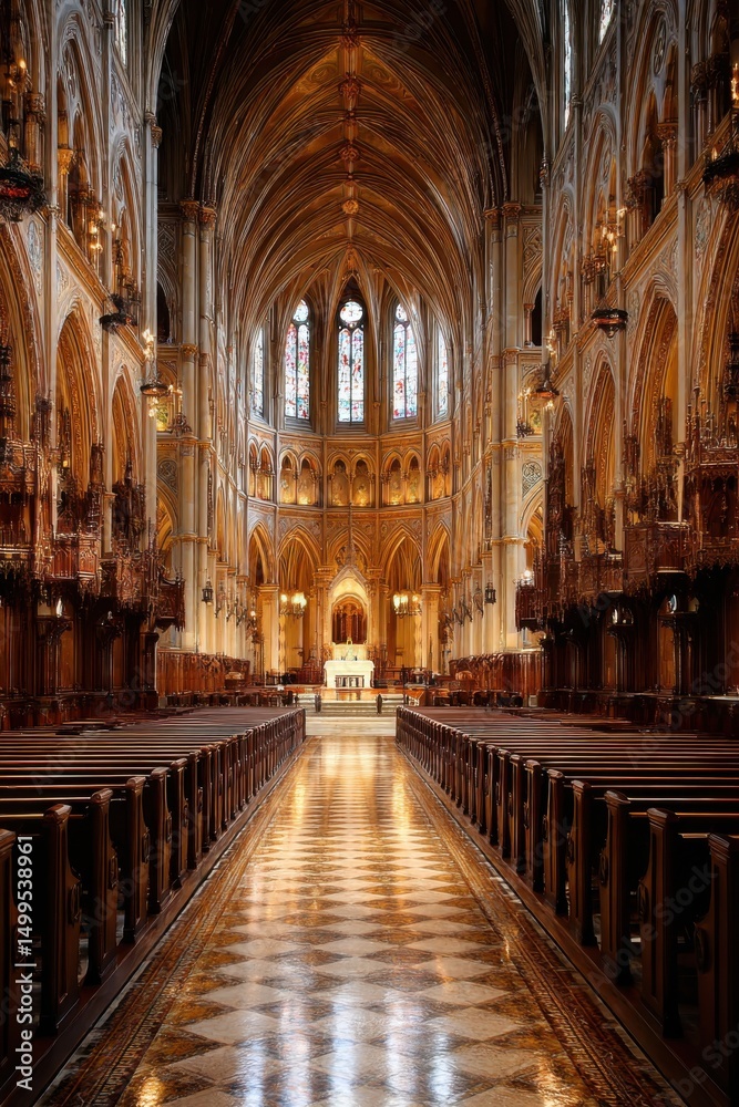 Fototapeta premium Interior view of a grand cathedral featuring ornate architecture and stained glass windows, perspective shot, Montreal Canada