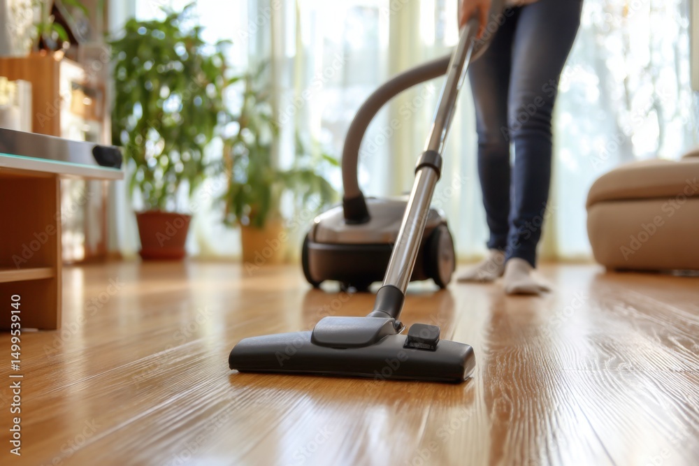 Fototapeta premium Woman vacuuming hardwood floor in living room with modern vacuum cleaner close up low angle in bright home