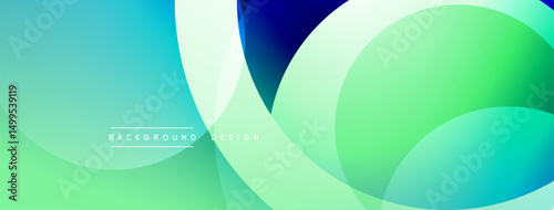 Abstract background features overlapping circles, gradients. Colors include turquoise, green, white, blue. Modern design element.