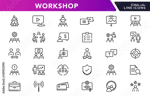 Workshop linear icon set. Training, learn, teamwork, community, group, online, coaching, conference, monitoring, partnership, goals, problem-solving, outline icon collection. UI thin outline icon pack