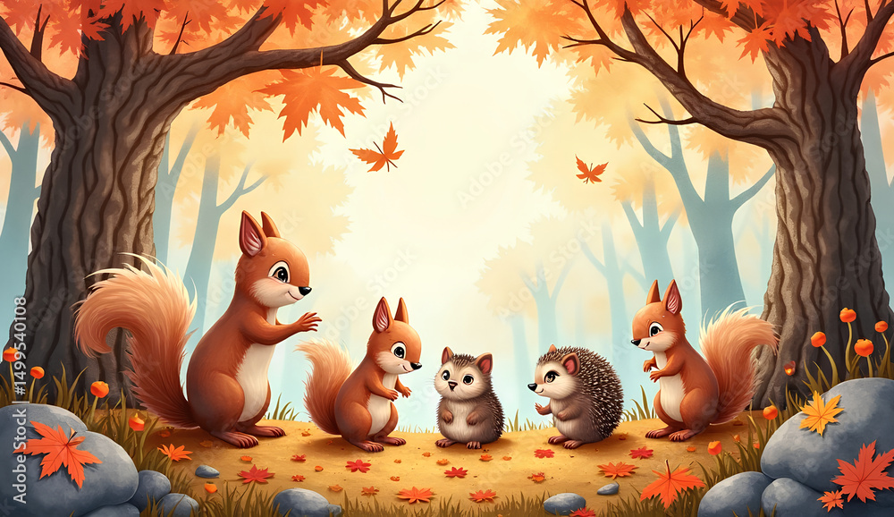Fototapeta premium Cute Autumn Forest Animals