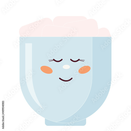 Cute Romantic Ceramic Cup with Marshmallow Character Symbol Icon. Lovely Cartoon Kawaii Smiling Face Mascot. Baby Nursery Mug Print Design. Wedding Sticker. Birthday Party Greeting Card Element. 