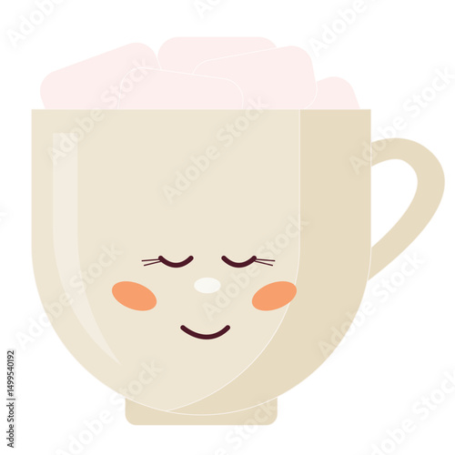 Cute Romantic Ceramic Cup with Marshmallow Character Symbol Icon. Lovely Cartoon Kawaii Smiling Face Mascot. Baby Nursery Mug Print Design. Wedding Sticker. Birthday Party Greeting Card Element. 