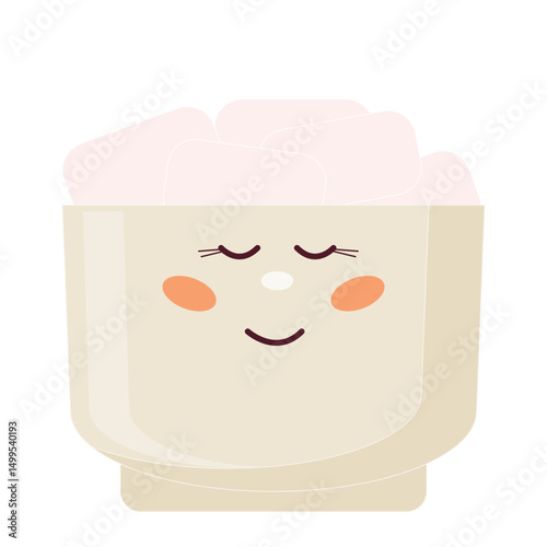 Cute Romantic Ceramic Cup with Marshmallow Character Symbol Icon. Lovely Cartoon Kawaii Smiling Face Mascot. Baby Nursery Mug Print Design. Wedding Sticker. Birthday Party Greeting Card Element. 