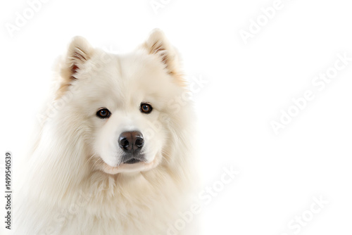 Portrait of a fluffy white Samoyed dog looking directly at the camera isolated on white background