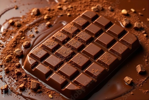 Delicious Dark Chocolate Bar Still Life: Close-Up of Rich, Decadent Chocolate with Cocoa Powder & Melted Chocolate Background