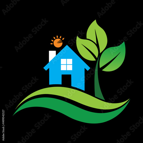 Eco Home with Tree and Green Waves