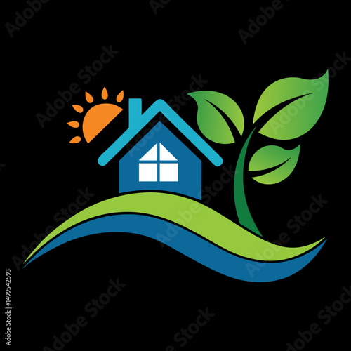 Eco Home with Tree and Green Waves