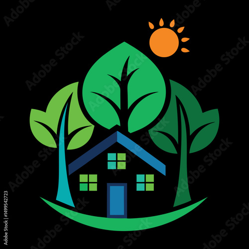 Eco Home with Tree and Green Waves