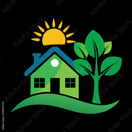 Eco Home with Tree and Green Waves