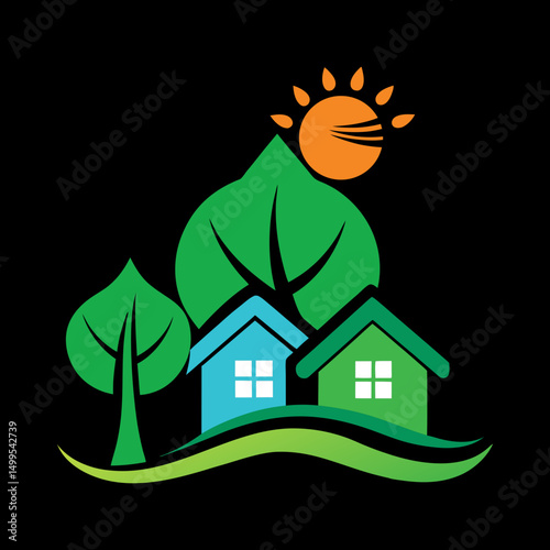 Eco Home with Tree and Green Waves