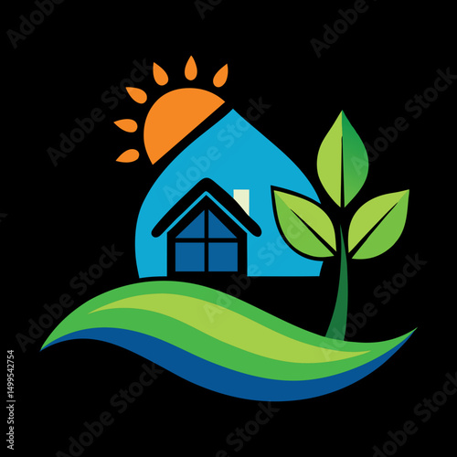 Eco Home with Tree and Green Waves