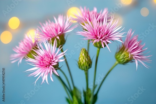 Pink Stokes Aster Flowers Bouquet on Blue Background: Close-Up Photo of Stokesia laevis with Bokeh Lights for Floral Design & Spring Decor