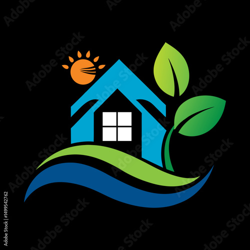 Eco Home with Tree and Green Waves