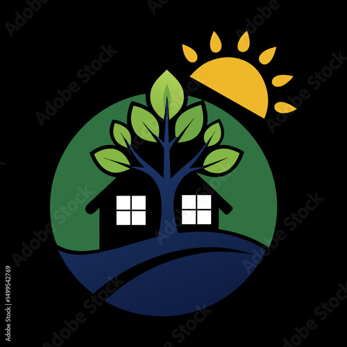 Eco Home with Tree and Green Waves