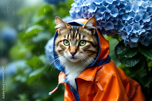 Cat in Raincoat: Adorable Tabby Cat Wearing Orange Raincoat in Rainy Hydrangea Garden - Cute Pet Photography