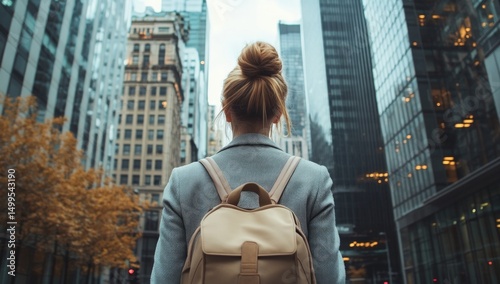 Urban woman contemplating city skyline