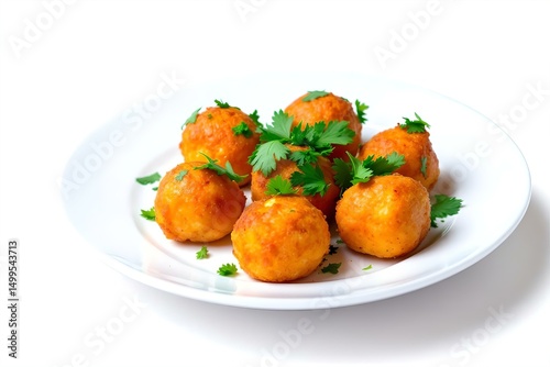 Malai Kofta Curry Balls on White Plate | Indian Cuisine, Vegetarian Dish, Creamy Tomato Sauce, Cilantro Garnish, Authentic Restaurant Food Photo