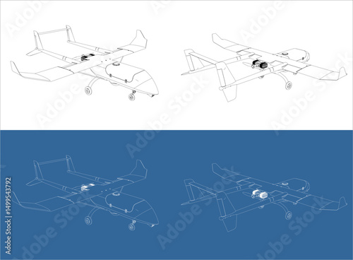 Isometric view  UAV military drone technical drawing isolated on transparent background