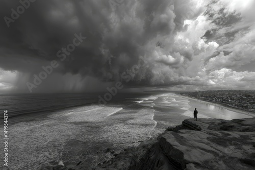 Watching a faraway storm from a beach cliff photo