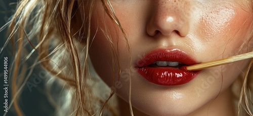 Close-up of a woman with wet hair and vibrant red lipstick