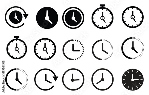 Diverse clock icons represent different time concepts on a transparent background for versatile usage