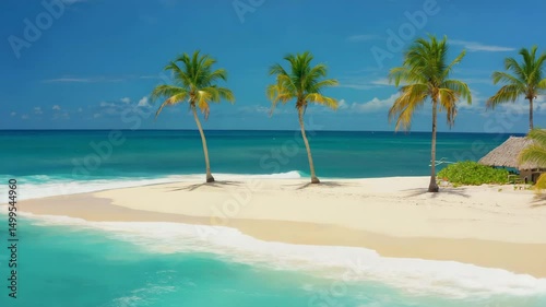 Tropical Island Beach with Palm Trees and Turquoise Ocean under Clear Blue Sky