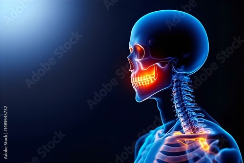 Human Skeleton Anatomy: 3D Render of Skull, Jaw, Clavicle, and Neck Bones in Blue Light - Medical Illustration for Education & Healthcare