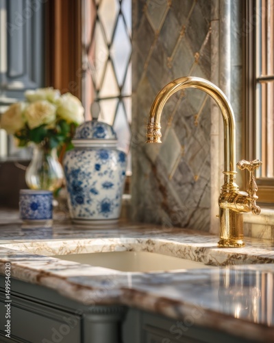 Close-up of a golden faucet in a luxurious kitchen with marble countertops and blue and white porcelain accents